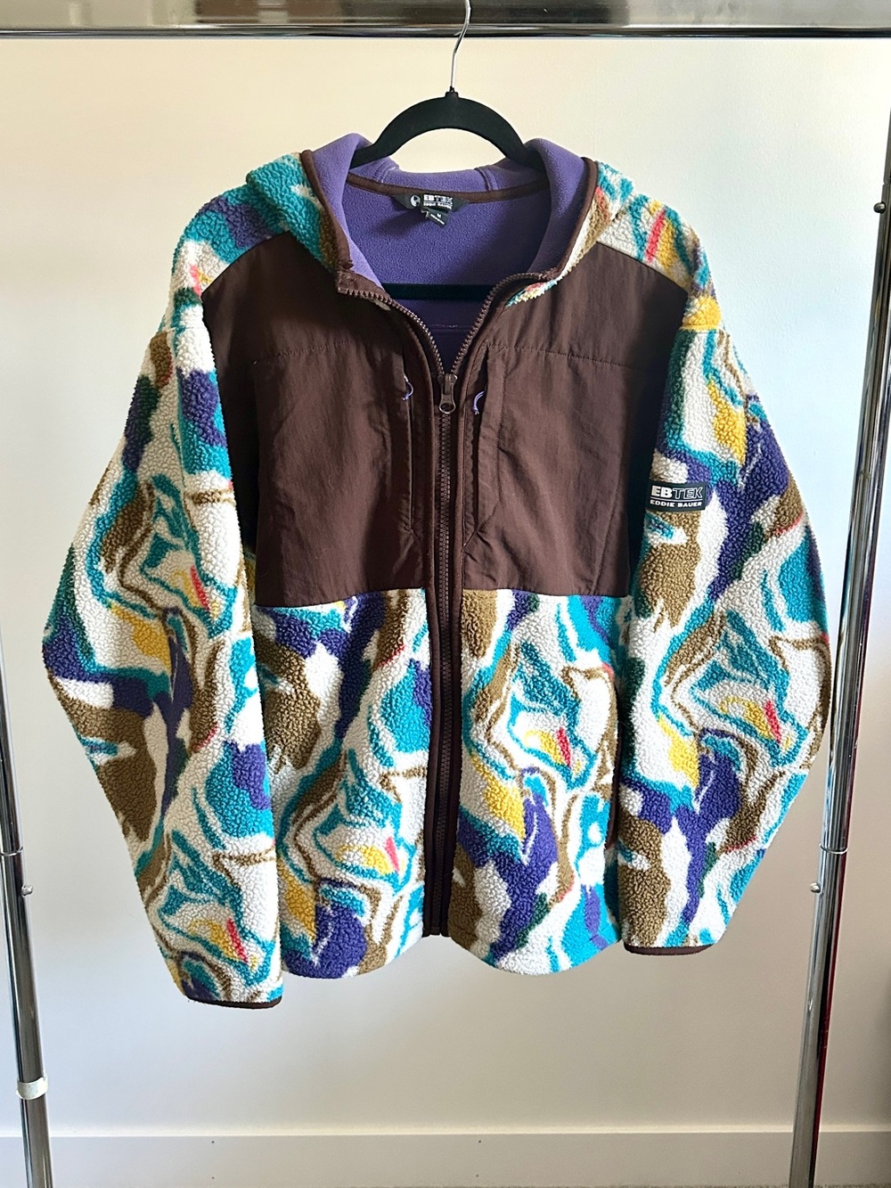 Eddie Bauer EBTEK Sherpa Fleece Hooded Full Zip Jacket Abstract Print Size M